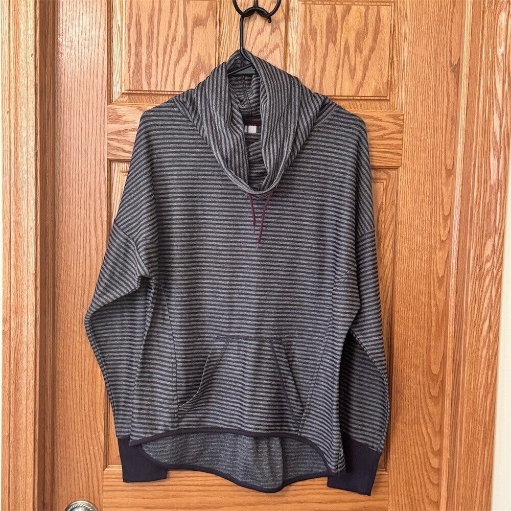Mondetta Hoodie Womens Size L Gray Striped Funnel Neck Pullover Thumbholes